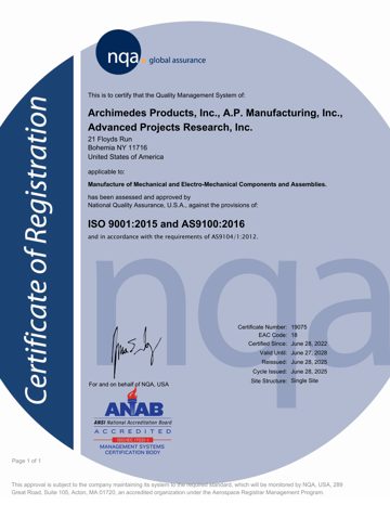 NQA Certificate of Registration, ISO 9001:2015 and AS9100:2016, certificate number 19075